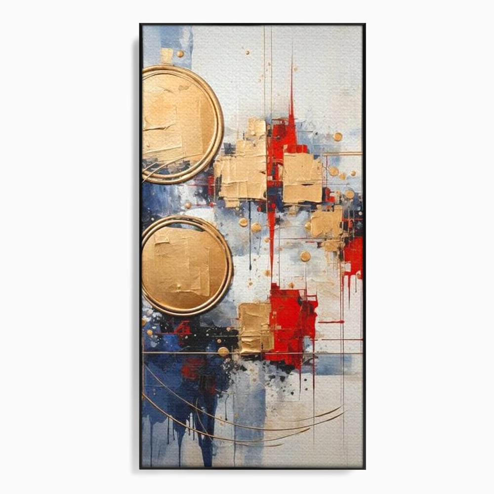 Tablou canvas cu tablou abstract cu cercuri aurii, in rama de aluminiu negru